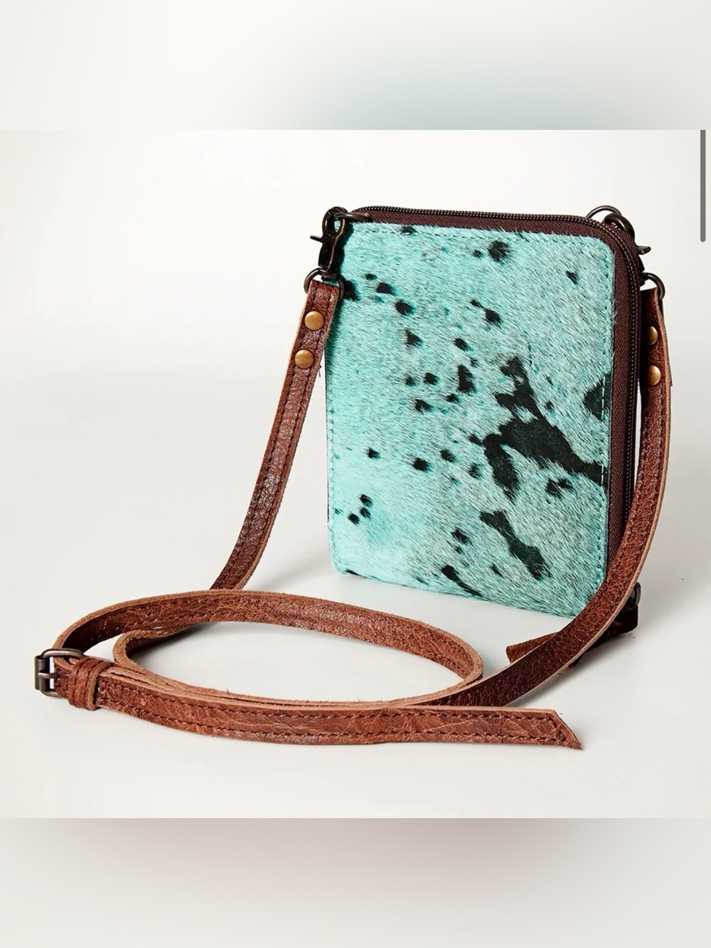 Crossbody Phone Bag in Turquoise Cowhide with Brown Leather Strap